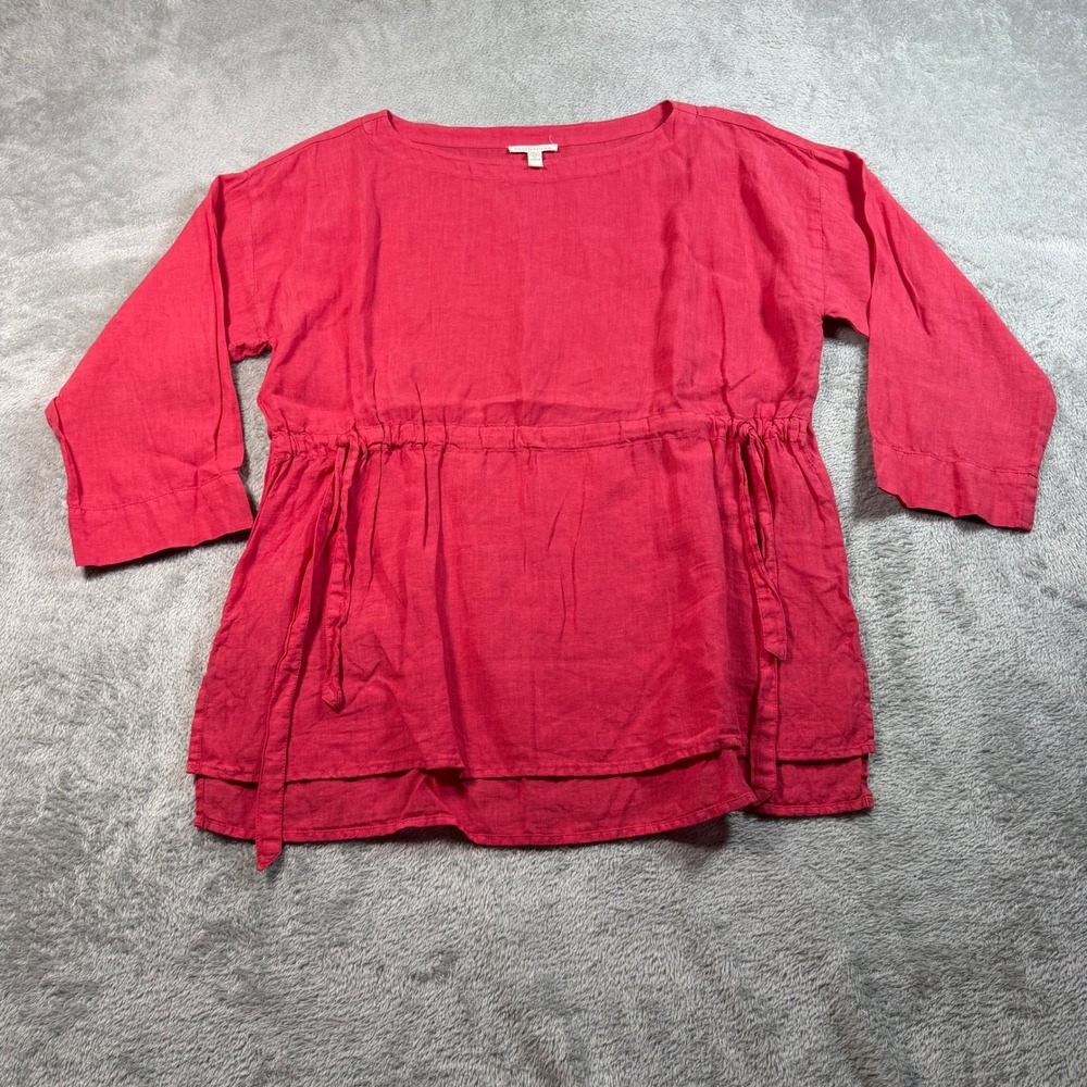 Eileen Fisher Linen Top Womens XS Pink 3/4 Sleeve Drawstring Garment Dyed